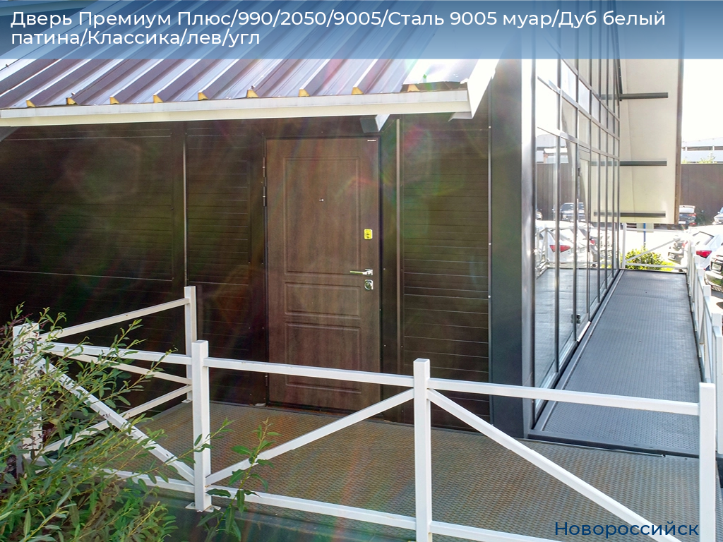 Дверь Премиум Плюс/990/2050/9005/Сталь 9005 муар/Дуб белый патина/Классика/лев/угл, novorossiysk.doorhan.ru